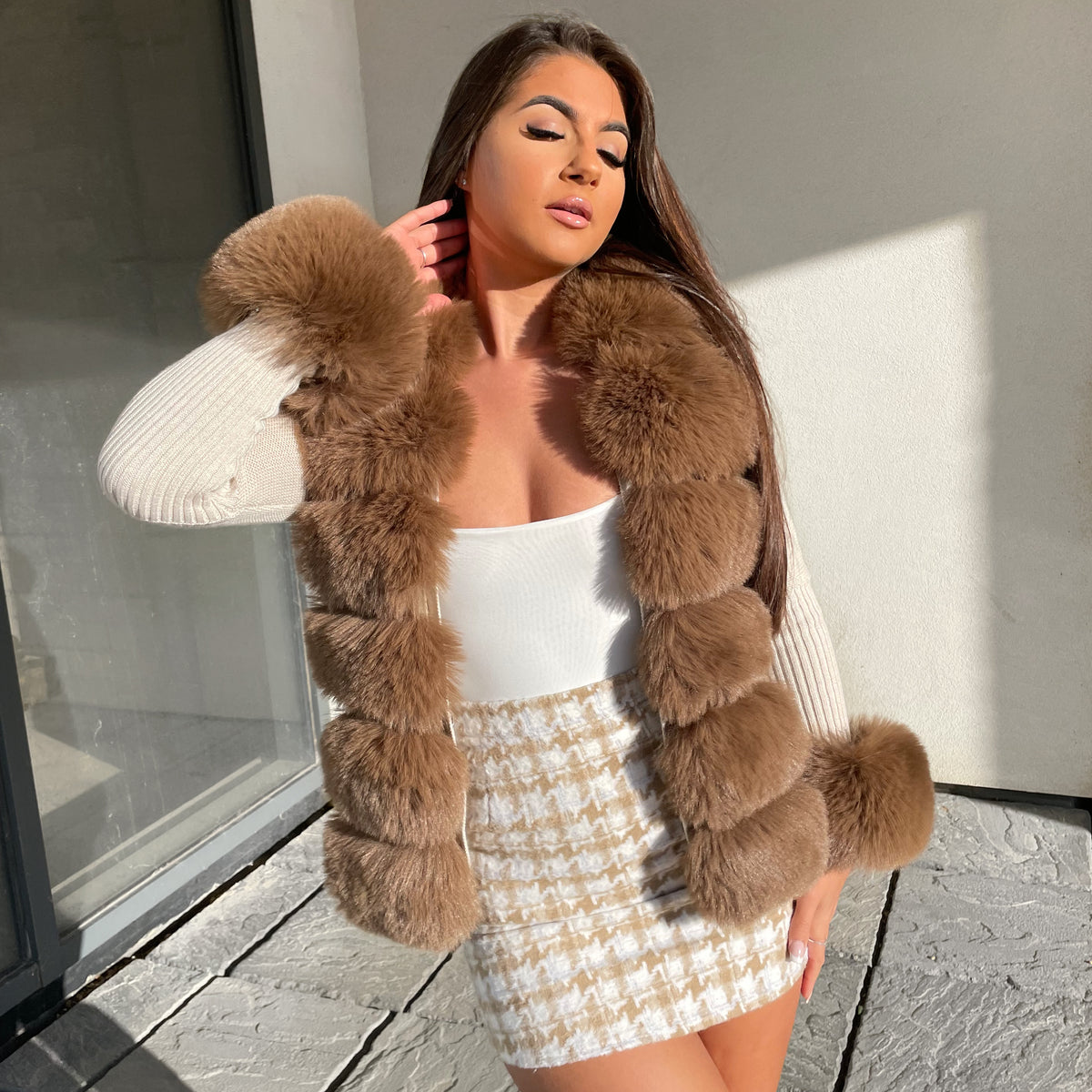 NEW SEASON Faux Fur Cardigan Cream Coffee Bella Luxe