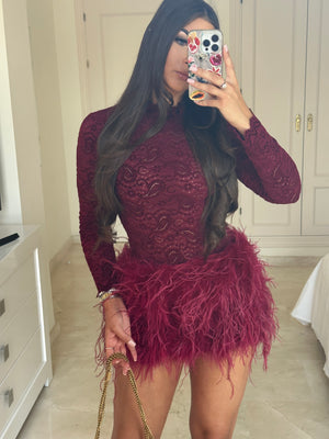 ‘KHLOE’ Ostrich Feather Skirt - Burgandy