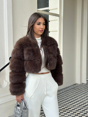 ‘FRONT ROW' Cropped Faux Fur Coat - Chocolate