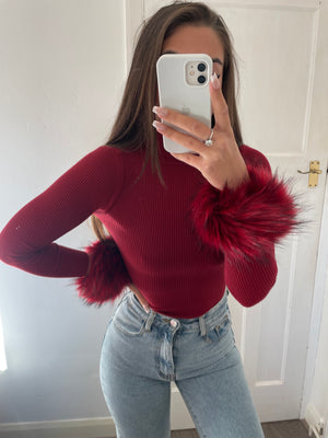 ‘ASPEN’ Faux Fur Cuff Top - Burgandy