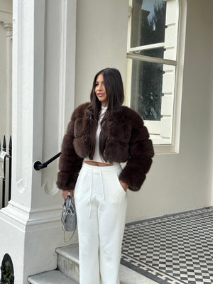 ‘FRONT ROW' Cropped Faux Fur Coat - Chocolate