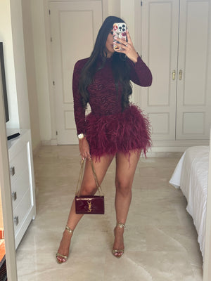 ‘KHLOE’ Ostrich Feather Skirt - Burgandy