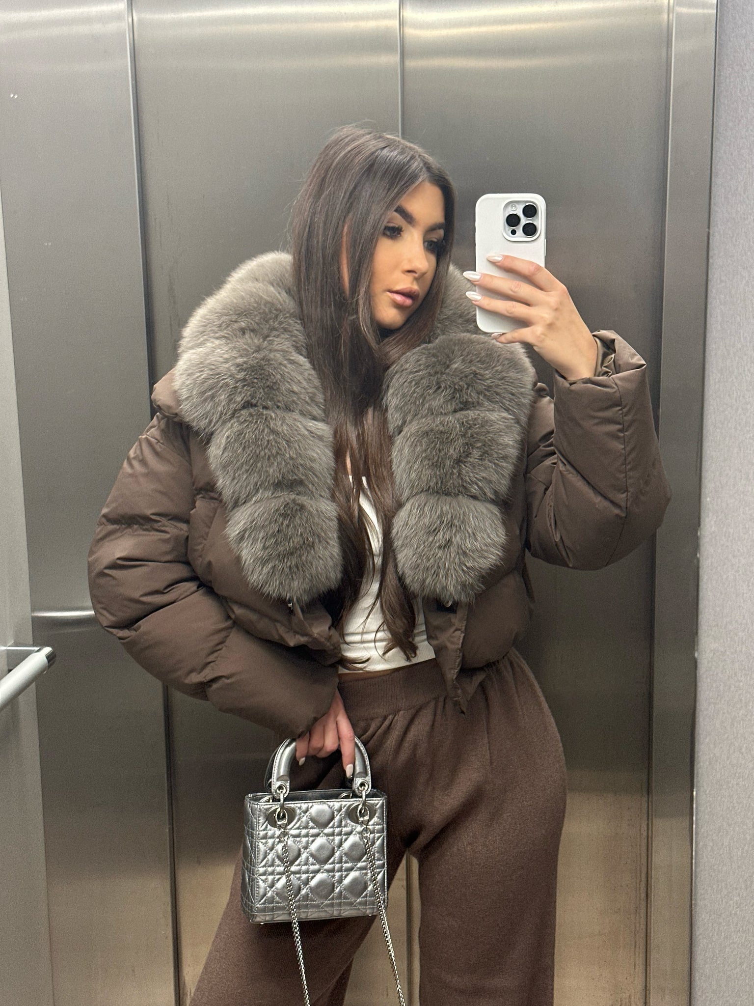 3866 Brown Faux Fur Collar Puffer Coat