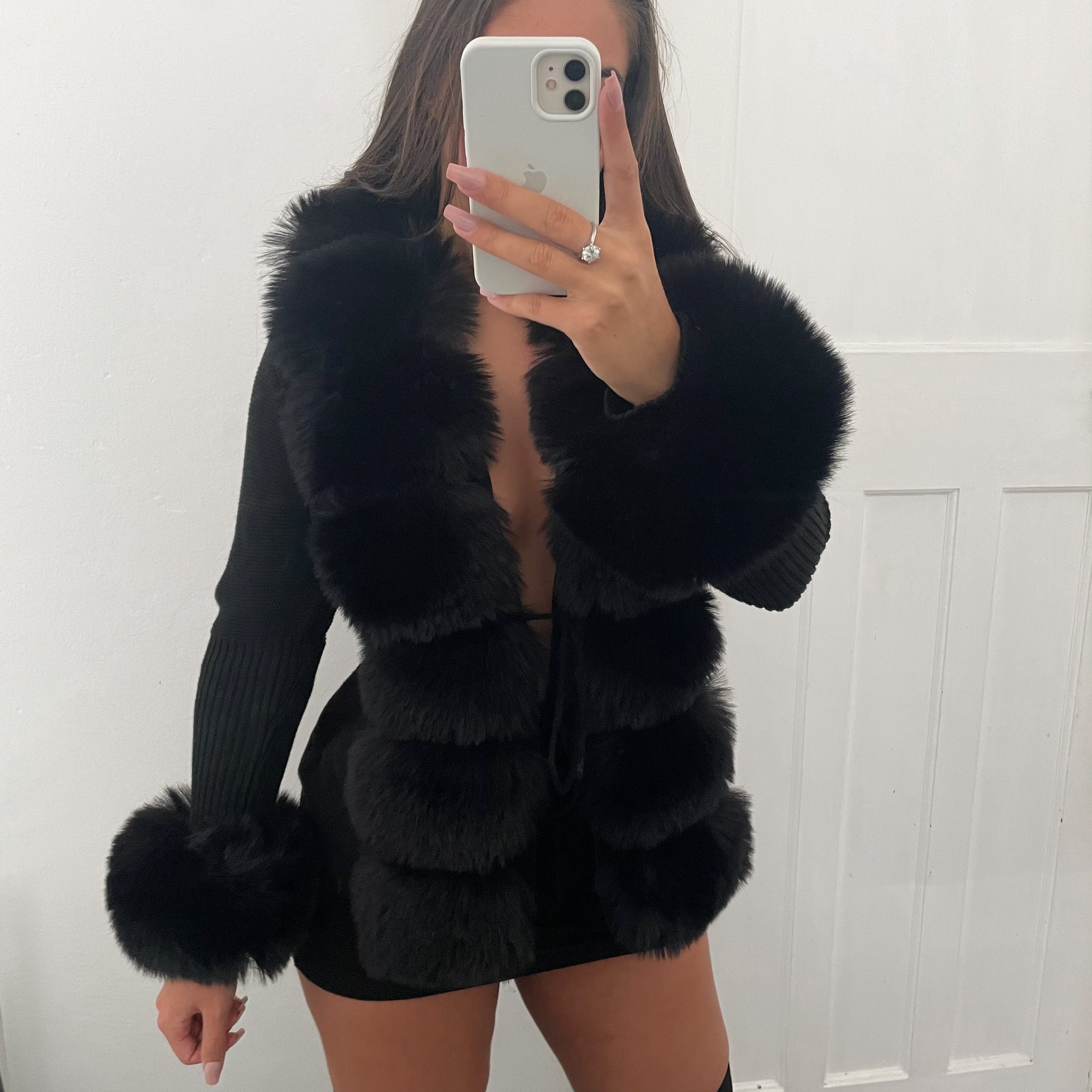 Faux fur cardigan black best sale