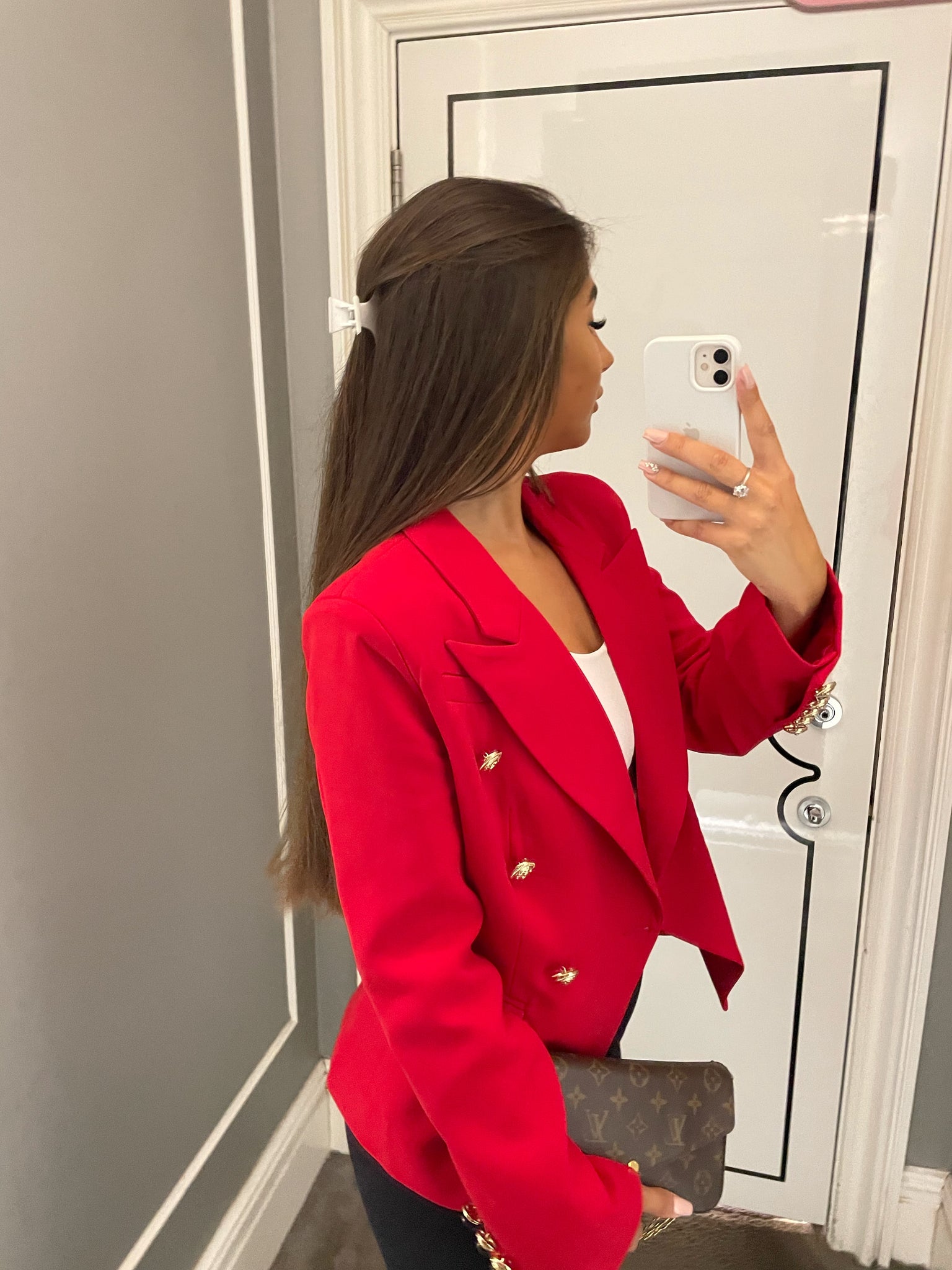 Red blazer discount with gold buttons
