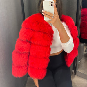 Red fur coat with 2025 hood