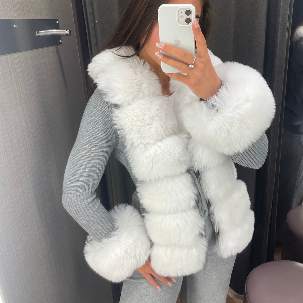 ‘NEW SEASON’ Faux Fur Cardigan - Grey / White