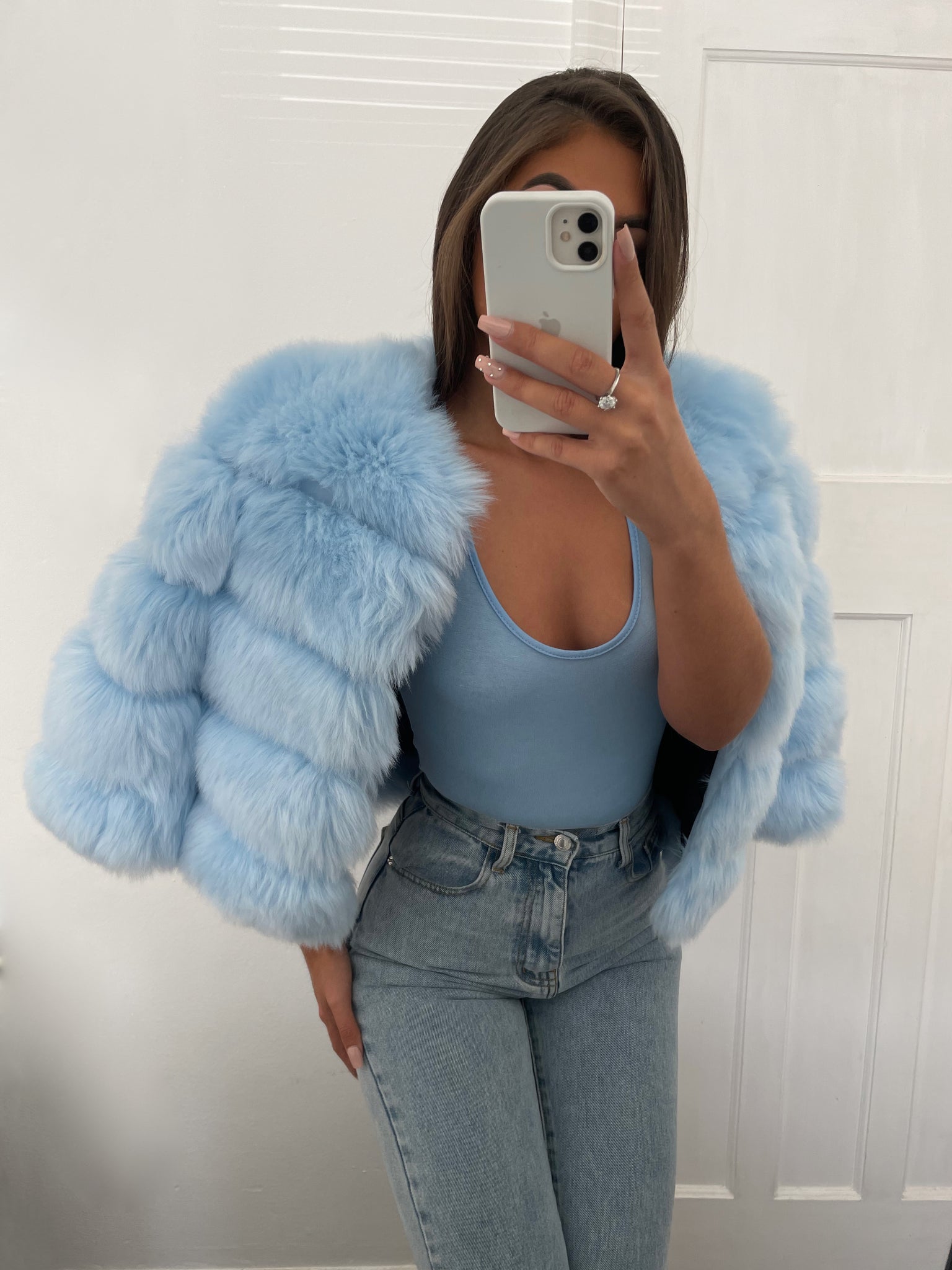 Sky blue fur best sale coat